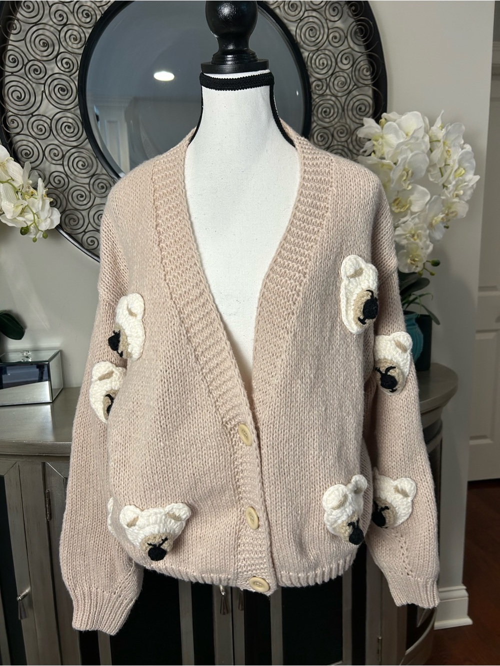 Dreamers by debut Women's Beige Teddy Appliqué Button Cardigan